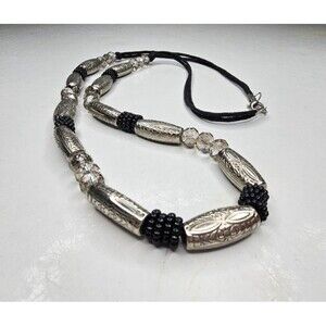Facet Cut Glass, Embossed Metal and Black Seed Bead Waxed Corded Necklace 34"L